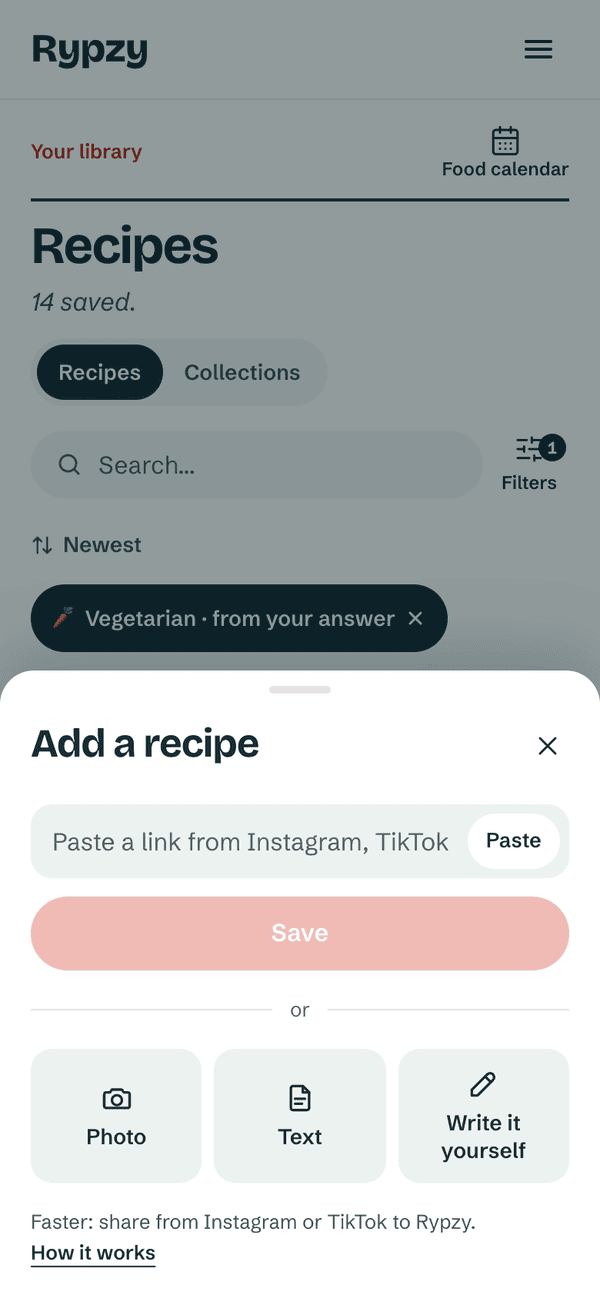 The Add a recipe screen in Rypzy, with a field to paste a link