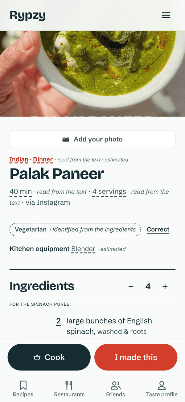 A recipe saved from Instagram, marked with what was read from the text and what was estimated