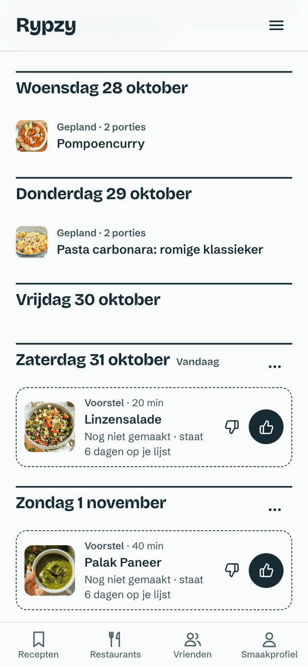 De eetkalender in Rypzy: een week met recepten per dag en voorstellen