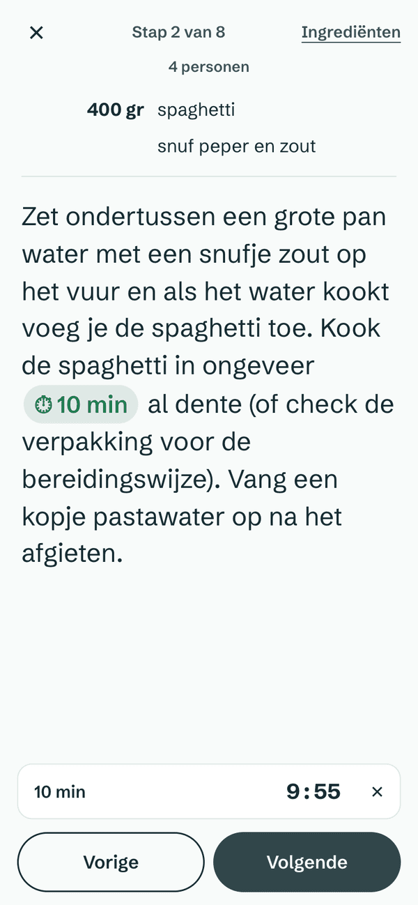 De kookmodus in Rypzy: één stap in beeld met de hoeveelheden voor die stap