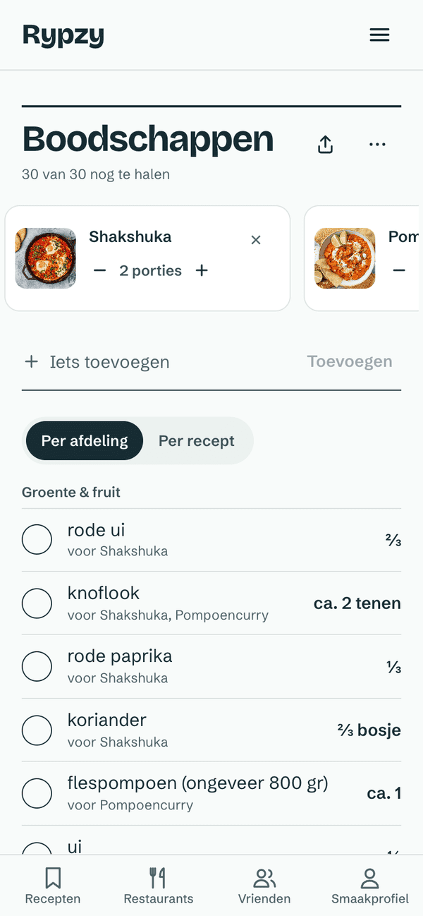 De boodschappenlijst in Rypzy, ingedeeld per afdeling
