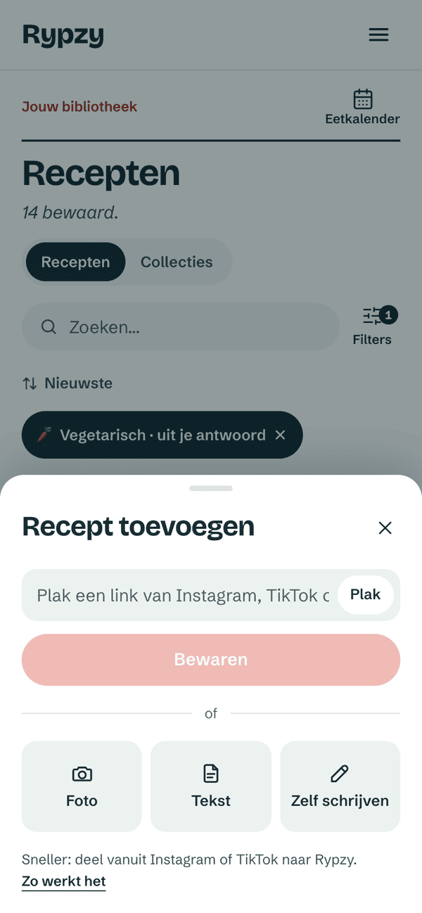 Het scherm Recept toevoegen in Rypzy, met een veld om een link te plakken
