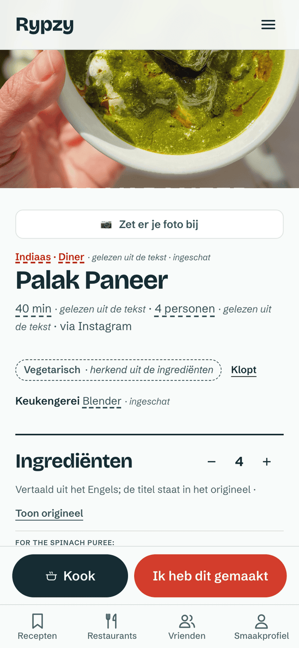 Een recept van Instagram, met erbij wat uit de tekst gelezen is en wat is ingeschat